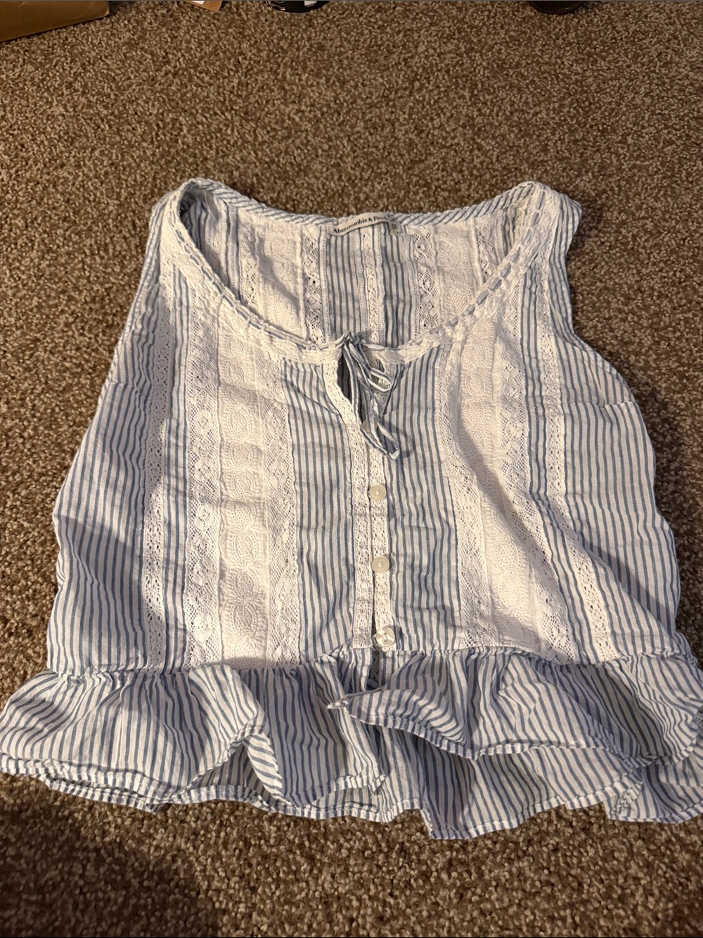 Abercrombie & Fitch White and Blue Striped Lace-Trim Peplum Camisole